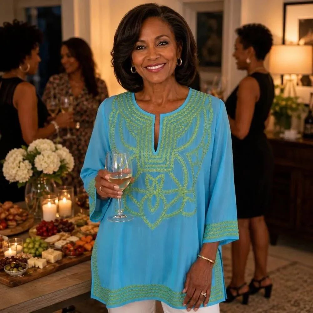 Gretchen Scott Designs Embroidered Chiffon Turquoise Green Tunic Top Small
